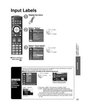 Page 5555
Advanced
 Input Labels
 Closed Caption
Input Labels
Input labels
Display
labels of
connected 
devices
Devices connected to external input terminals can be labeled for easier \
identification during the 
input selection. (In selecting the input mode from p. 34 )
 Select the terminal and label of the external equipment
MenuInput labels
Component 1
Component 2
Video 1
Video 2
PC HDMI 2
HDMI 3 HDMI 1
Select or enter the name of the device
connected to the HDMI 1 terminal.
SelectOK
RETURNABC Delete...