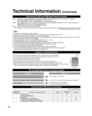 Page 6060
Technical Information (Continued)
Data format for SD Card /USB flash memory browsing
Photo: Still images recorded with digital still cameras compatible with JPEG/MP\
O files of DCF* and EXIF** standardsData format-Baseline JPEG (Sub-sampling: 4:4:4, 4:2:2 or 4:2:0)
Max. number of files - 9,999     Image resolution - 160 x 120 to 20,000,\
000
Movie: SD-Video Standard Ver. 1.2 [MPEG-2 (PS format)] and AVCHD Standard compatible files with an audio format that is  either MPEG-1/Layer-2 format or Dolby...