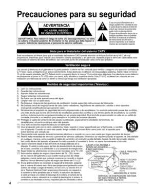 Page 44
 Precauciones para su seguridad
  
ADVERTENCIA
NO ABRIR, RIESGO
DE CHOQUE ELECTRICO
  
ADVERTENCIA: Para reducir el riesgo de sufrir una descarga eléctrica,\
 no retire 
la cubierta ni el panel posterior. En el interior no hay piezas que deba reparar el 
usuario. Solicite las reparaciones al personal de servicio calificado.
El rayo con punta de flecha dentro de un 
triángulo equilátero tiene la finalidad de avisar 
al usuario de que hay piezas en el interior del 
producto que si las tocan las personas...