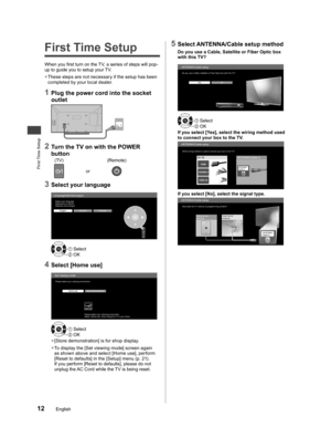 Page 13First Time Setup
12English
  First Time Setup
When you first turn on the TV, a series of steps will pop-
up to guide you to setup your TV.
  ●These steps are not necessar y if the setup has been 
completed by your local dealer.
1 Plug the power cord into the socket 
outlet
2 Turn the TV on with the POWER 
button
(TV)  (Remote)
or
3 Select your language
Language/Idioma/LangueSelect your language
Seleccione su idioma
Sélectìon de la langue
EnglishEspañol Français
OK OK Select
4 Select [Home use]
Set...