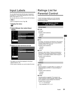 Page 24Input Labels  |  Ratings List for Parental Control
23English
the 
dit.
/
st
p/
  Input Labels
You can label the terminal with the type of equipment 
connected to it. This makes selecting the correct input 
easier (Input select 
 p. 15). 
You can also skip any unused terminal with this feature.
Note
  ●How to navigate the menu  (p. 18)
1 Display the menu
MENU
2 Select [Setup], then select [Input 
labels]
Main Menu
Picture
Sound
Lock
TV
Setup
Timer set Language English
Closed caption
Input labels Access...