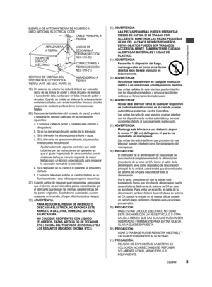 Page 6Precauciones de Seguridad
5Español
ros alor.
posee 
fe nta 
son 
fe 
nsulte 
cado, os y 
.
c
as e 
vicio 
ha 
cable 
to, el era 
a tipo 
a su 
das 
e rtes 
co. 
tierra aje y 
de 
n con stil y d de s a ena, a los 
CABLE PRINCIPAL A 
TIERRA
UNIDAD DE 
DESCARGA A 
TIERRA (SECCIÓN 
NEC 810-20)
CONDUCTORES A 
TIERRA (SECCIÓN 
NEC 810-21)
ABRAZADERAS A 
TIERRA SERVICIO DE ENERGIA DEL 
SlSTEMA DE ELECTRODOS A 
TIERRA (ART. 250 NEC. PARTE H)EQUIPO DE 
SERVICIO 
ELÉCTRICOABRAZADERA 
A TIERRA EJEMPLO  DE ANTENA A...