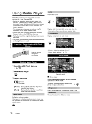 Page 16Using Media Player
16English
  Using Media Player
Media Player allows you to enjoy photo or music 
recorded on a USB Flash Memory.
  ●During the operation, audio signal is output from 
DIGITAL AUDIO OUT and HDMI 2 (ARC function) 
terminals. To use HDMI 2 with ARC function, connect 
an amplifier that has ARC function and set to use 
theatre speakers.
  ●The picture may not appear correctly on this T V 
depending on the digital cameras used.
  ●Display may take some time when there are many 
files and...