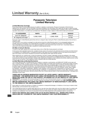 Page 30Limited Warranty (for U.S.A.)
30English
Limited Warranty (for U.S.A.)Cu
(for 
Obtai
and A
http:/
or, co
http:
/
  ■Fo
Purc
h
http:/
or, se
npcp
a
You m
1-800
Panas
20421
Kent, 
(We 
A
  ■Fo
 
Panasonic Television
Limited Warranty
Limited Warranty CoverageIf your product does not work properly because of a defect in materials or workmanship, Panasonic Corporation of North America 
(referred to as “the warrantor”) will, for the length of the period indicated on the chart below, which starts with the date...