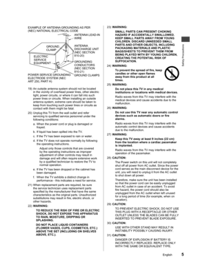 Page 5Safety Precautions
5English
atus 
ed wo 
ng 
oes 
the 
y the 
or 
el. 
een 
rd or ects as erate 
ure nsult 
the 
ough age re on 
sion 
ainst 
e 
er , 
to 
ANTENNA LEAD-IN 
WIRE
ANTENNA 
DISCHARGE UNIT 
(NEC SECTION 
810-20)
GROUNDING 
CONDUCTORS 
(NEC SECTION 
810-21)
GROUND CLAMPS POWER SERVICE GROUNDING 
ELECTRODE SYSTEM (NEC 
ART 250, PART H)ELECTRIC 
SERVICE 
EQUIPMENTGROUND 
CLAMP EXAMPLE OF ANTENNA GROUNDING AS PER 
(NEC) NATIONAL ELECTRICAL CODE
19)  An outside antenna system should not be located...