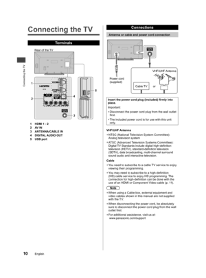 Page 10Connecting the TV
10English
Connecting the TV
Terminals
Rear of the TV
2 1
4
35
1 HDMI 1 - 2
2 AV IN
3 ANTENNA/CABLE IN
4 DIGITAL AUDIO OUT
5 USB port
  Connections
 
Antenna or cable and power cord connection
Cable TV Power cord 
(supplied)VHF/UHF Antenna
or
Insert the power cord plug (included) firmly into 
place.
Important: 
  ●Disconnect the power cord plug from the wall outlet 
first.
  ●The included power cord is for use with this unit 
only.
VHF/UHF Antenna
  ●NTSC (National Television System...