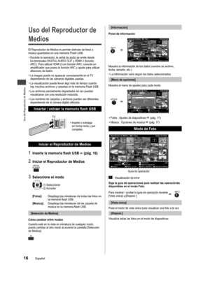 Page 16Uso del Reproductor de Medios
16Español
  Uso del Reproductor de 
Medios
El Reproductor de Medios le permite disfrutar de fotos o 
música guardados en una memoria Flash USB.
  ●Durante la operación, la señal de audio se emite desde 
los terminales DIGITAL AUDIO OUT y HDMI 2 (función 
ARC). Para utilizar HDMI 2 con función ARC, conecte un 
amplificador que posea la función ARC y ajuste para utilizar 
altavoces de teatro.
  ●La imagen puede no aparecer correctamente en el TV 
dependiendo de las cámaras...