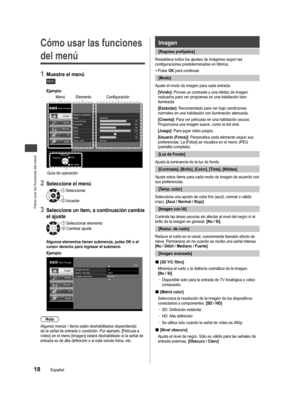 Page 18Cómo usar las funciones del menú
18Español
 Cómo usar las funciones 
del menú
1  Muestre el menú
MENU
Ejemplo:
80
100
50
100
0
50
Menú Principal
Imagen
Sonido
Bloqueo
TV
Ajuste
Selección
RETURN EXITRegreso prefijados
Contraste
Tinte Modo Estándar
Brillo
Nitidez Luz de Fondo
Color
Temp. color Normal
Ingresar
Menú Elemento Configuración
Selección
RETURN
EXITIngresar
Menú Principal
ImagenIm
Sonido
Bloqueo
TV
Ajuste
Regreso prefijados
Contraste
Tinte
Modo
Brillo
Nitidez
Luz de Fondo
Color
Temp. color...