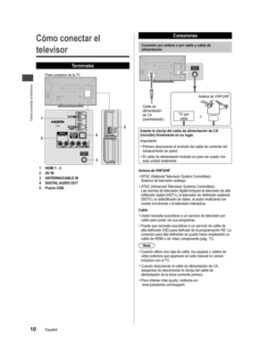 Page 10Cómo conectar el televisor
10Español
Cómo conectar el 
televisor
Terminales
Parte posterior de la TV
2 1
4
35
1 HDMI 1 - 2
2 AV IN
3 ANTENNA/CABLE IN
4 DIGITAL AUDIO OUT
5 Puerto USB
  Conexiones
 
Conexión por antena o por cable y cable de 
alimentación
TV por 
cable Cable de 
alimentación 
de CA 
(suministrado)Antena de VHF/UHF
o
Inserte la clavija del cable de alimentación de CA 
(incluido) firmemente en su lugar.
Importante: 
  ●Primero desconecte el enchufe del cable de corriente del 
tomacorriente...