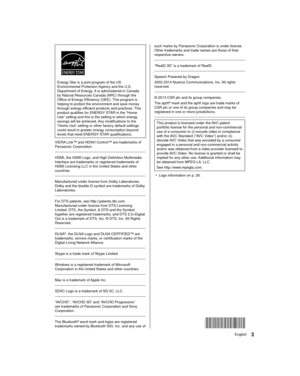 Page 33English
such marks by Panasonic Corporation is under license. 
Other trademarks and trade names are those of their 
respective owners.
 “RealD 3D” is a trademark of RealD.
 Speech Powered by Dragon
 2002-2014 Nuance Communications, Inc. All rights 
reserved.
 © 2013 CSR plc and its group companies.
 The aptX
® mark and the aptX logo are trade marks of 
CSR plc or one of its group companies and may be 
registered in one or more jurisdictions.
 This product is licensed under the AVC patent 
portfolio...
