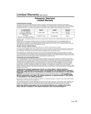 Page 2727English
  
Limited Warranty (for U.S.A.)
 
Panasonic Television Limited Warranty
Limited Warranty CoverageIf your product does not work properly because of a defect in materials \
or workmanship, Panasonic Corporation of North America 
(referred to as “the warrantor”) will, for the length of the per\
iod indicated on the chart below, which starts with the date of  original purchase 
(“Limited Warranty period”), at its option either (a) repair your product wit\
h new or refurbished parts, (b) replace it...