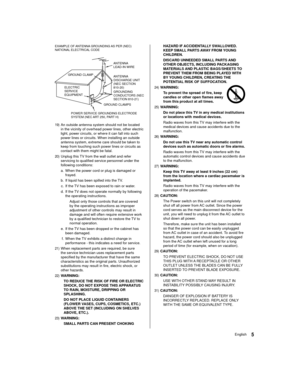 Page 55English
HAZARD IF ACCIDENTALLY SWALLOWED. 
KEEP SMALL PARTS AWAY FROM YOUNG 
CHILDREN.
 DISCARD UNNEEDED SMALL PARTS AND 
OTHER OBJECTS, INCLUDING PACKAGING 
MATERIALS AND PLASTIC BAGS/SHEETS TO 
PREVENT THEM FROM BEING PLAYED WITH 
BY YOUNG CHILDREN, CREATING THE 
POTENTIAL RISK OF SUFFOCATION.
  24) 
WARNING:
 To prevent the spread of fire, keep 
candles or other open flames away 
from this product at all times.
  25) WARNING:
 Do not place this TV in any medical institutions 
or locations with...