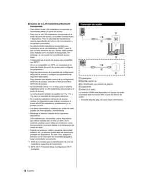 Page 1414Español
 
■ Acerca de la LAN inalámbrica/Bluetooth 
incorporada
● 
 Para utilizar la red LAN inalámbrica incorporada se 
recomienda utilizar un punto de acceso.
●   Para usar la red LAN inalámbrica incorporada en el 
modo de punto de acceso, se pueden conectar hasta 
7 dispositivos. Pero la velocidad de transferencia 
variará dependiendo del entorno de comunicación o 
los equipos conectados.
●   No utilice la LAN inalámbrica incorporada para 
conectarse a una red inalámbrica (SSID *
1) para la 
que no...