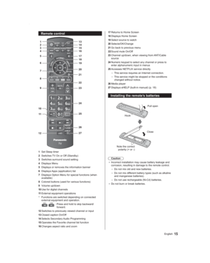 Page 1515English
17 Returns to Home Screen
18 Displays Home Screen
19 Select source to watch
20 Selects/OK/Change
21 Go back to previous menu
22 Sound mute On/Off
23 Channel up/down, when viewing from ANT/Cable 
source
24 Numeric keypad to select any channel or press to 
enter alphanumeric input in menus
25 Accesses NETFLIX service directly
  •This service requires an Internet connection.
  •This service might be stopped or the conditions 
changed without notice.
26 Media player
27 Displays eHELP (built-in...