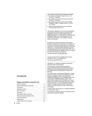 Page 2  This product incorporates the following software:
  (1)  the software developed independently by or for 
Panasonic Corporation,
  (2)  the software owned by third party and licensed to 
Panasonic Corporation,
  (3)  the software licensed under the GNU LESSER 
GENERAL PUBLIC LICENSE Version 2.1 (LGPL 
V2.1) and/or,
  (4)  open sourced software other than the software 
licensed under the LGPL V2.1.
 
  The software categorized as (3) and (4) are distributed 
in the hope that it will be useful, but...