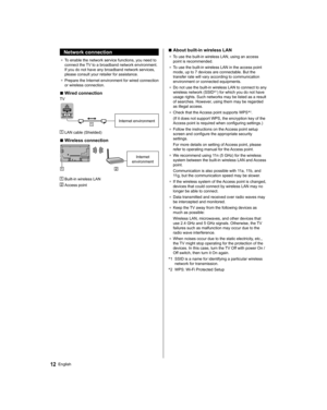 Page 12  Network connection
●  
To enable the network service functions, you need to 
connect the TV to a broadband network environment. 
If you do not have any broadband network services, 
please consult your retailer for assistance.
●  
Prepare the Internet environment for wired connection 
or wireless connection.
  ■ 
Wired connection
    TV 
Internet environment
  LAN cable (Shielded)
  ■ 
Wireless connection
 
 
Internet 
environment
  Built-in wireless LAN
 
 Access point
 
  ■ 
About built-in wireless...