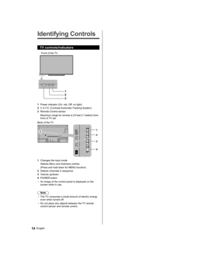 Page 14   
Identifying Controls
 
TV controls/indicators
 
1
2
3
 
Front of the TV
  1 
Power indicator (On: red, Off: no light)
  2 
C.A.T.S. (Contrast Automatic Tracking System)
  3 
Remote Control sensor
  Maximum range for remote is 23 feet (7 meters) from 
front of TV set
 
  Back of the TV
 
1
  2
  4   3
 
1 
Changes the input mode
  
Selects Menu and Submenu entries
  
(Press and hold down for MENU function)
  2 
Selects channels in sequence
  3 
Volume up/down
  4 
POWER button
  • 
An image of the...