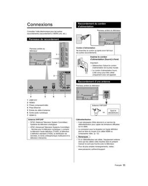 Page 57   
Connexions
 
Consultez l’aide électronique pour les autres 
raccordements (raccordement à VIERA Link, etc.).
  Panneaux de raccordement
 
 
Panneau arrière du 
téléviseur
  1
  2
  3
  4 5 6 7
  1 
USB1/2/3
  2 
HDMI3
  3 
Prises composant/vidéo
  4 
Prise Ethernet
  5 
Entrée de câble d’antenne
  6 
Sortie audio numérique
  7 
HDMI1/2
 
Antenne VHF/UHF
  • 
NTSC (National Television System Committee) : 
Système de télévision analogique
  • 
ATSC (Advanced Television Systems Committee) 
: Normes pour...