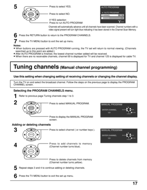 Page 1717
Tuning channels (Manual channel programming)
Use this setting when changing setting of receiving channels or changing the channel display.
Turn the TV on and select the broadcast channel. Follow the steps on the previous page to display the PROGRAM
CHANNEL screen.
1
Press to select MANUAL PROGRAM.
Press to display the MANUAL PROGRAM
screen.
Selecting the PROGRAM CHANNELS menu.
Adding or deleting channels
Press to select channel ( or number keys ).3
4
Press to add channels to memory
(Channel number...