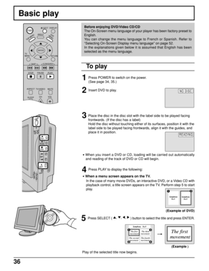 Page 3636
Before enjoying DVD/Video CD/CD
The On-Screen menu language of your player has been factory preset to
English.
You can change the menu language to French or Spanish. Refer to
“Selecting On-Screen Display menu language” on page 52.
In the explanations given below it is assumed that English has been
selected as the menu language.
Press SELECT ( 
, , ,  ) button to select the title and press ENTER.5
Play of the selected title now begins.
(Example )
DISPLAY
ANGLE
PAUSE
ASPECT
TV/VIDEO MUTE
SLEEPCHVOL
TV...