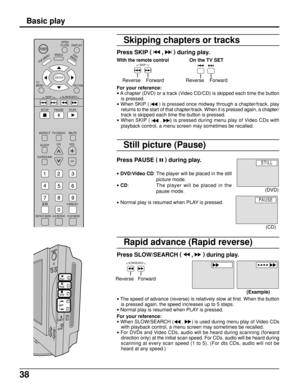 Page 3838
Still picture (Pause)
Press PAUSE (
  )
 during play.
• DVD/Video CD: The player will be placed in the still
picture mode.
• CD: The player will be placed in the
pause mode.
• Normal play is resumed when PLAY is pressed.
Skipping chapters or tracks
• The speed of advance (reverse) is relatively slow at first. When the button
is pressed again, the speed increases up to 5 steps.
• Normal play is resumed when PLAY is pressed.
Press SKIP (
  ,  )
 during play.
With the remote control               On the...