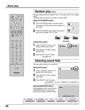 Page 4040
Press PLAY MODE button in the stop mode.
The program Random play screen appears on
the screen.
Press PLAY MODE button again, the Random
play screen changes “OFF” to “ON”. Two way setting method for Random Play. (1.From play mode, 2.From display
mode)
The player plays the tracks on the disc in random order.
Using PLAY MODE button
1
2
Random play [ CD ]
DISPLAY
ANGLE
PAUSE
ASPECT
TV/VIDEO MUTE
SLEEPCHVOL
SURROUND
CANCEL
REPEAT MODE A-B REPEAT PLAY MODE
R-TUNE
TV      
MENUENTER
RETURN
PLAY
DVD
MENU
TOP...