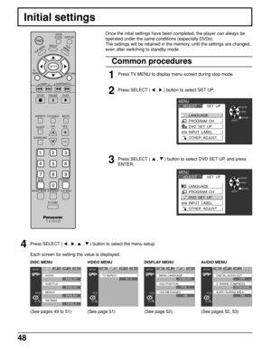 Page 4848
DISPLAY
ANGLE
PAUSE
ASPECT
TV/VIDEO MUTE
SLEEPCHVOL
SURROUND
CANCEL
REPEAT MODE A-B REPEATPLAY MODE
R-TUNE
ENTER
RETURN
PLAY
DVD
MENU
TOP MENU
STOP
SKIP
TV      
MENU
SLOW/SEARCH
OPEN
CLOSE
POWER
Once the intial settings have been completed, the player can always be
operated under the same conditions (especially DVDs).
The settings will be retained in the memory, until the settings are changed,
even after switching to standby mode.
Initial settings
1
Press TV MENU to display menu screen during stop...