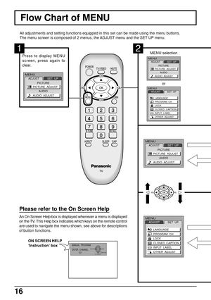 Page 1616
Flow Chart of MENU
All adjustments and setting functions equipped in this set can be made using the menu buttons.
The menu screen is composed of 2 menus, the ADJUST menu and the SET UP menu.
MENUADJUSTSET  UP
LANGUAGE
PROGRAM  CH
LOCK
CLOSED  CAPTION
INPUT  LABEL
OTHER  ADJUST
MENUADJUST
PICTURE
AUDIOSET  UP
PICTURE  ADJUST
AUDIO  ADJUST
MENUADJUSTSET  UP
LANGUAGE
PROGRAM  CH
LOCK
CLOSED  CAPTION
INPUT  LABEL
OTHER  ADJUST
MENUADJUST
PICTURE
AUDIOSET  UP
PICTURE  ADJUST
AUDIO  ADJUST
MENU selection...