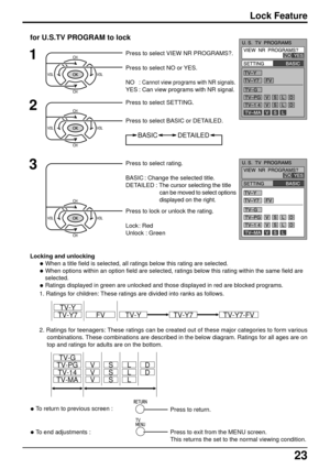 Page 2323
Lock Feature
Press to select VIEW NR PROGRAMS?.
Press to select NO or YES.
NO : 
Cannot view programs with NR signals.
YES : Can view programs with NR signal.
for U.S.TV PROGRAM to lock
1
3
Press to select SETTING.
Press to select BASIC or DETAILED.2
Press to select rating.
BASIC : Change the selected title.
DETAILED : The cursor selecting the title
can be moved to select options
displayed on the right.
Press to lock or unlock the rating.
Lock : Red
Unlock : Green
DETAILED BASIC
Locking and unlocking...