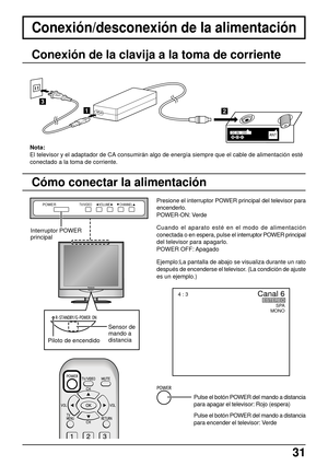 Page 3131
Conexión/desconexión de la alimentación
Conexión de la clavija a la toma de corriente
ANTDC IN   15V
2
21
3
Nota:
El televisor y el adaptador de CA consumirán algo de energía siempre que el cable de alimentación esté
conectado a la toma de corriente.
Cómo conectar la alimentación
Presione el interruptor POWER principal del televisor para
encenderlo.
POWER-ON: Verde
Cuando el aparato esté en el modo de alimentación
conectada o en espera, pulse el interruptor POWER principal
del televisor para...