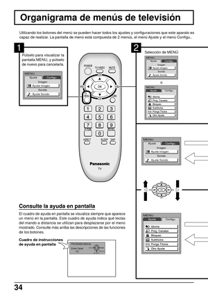 Page 3434
Organigrama de menús de televisión
Utilizando los botones del menú se pueden hacer todos los ajustes y configuraciones que este aparato es
capaz de realizar. La pantalla de menú está compuesta de 2 menús, el menú Ajuste y el menú Configu..
Púlselo para visualizar la
pantalla MENU, y púlselo
de nuevo para cancelarla.
1
MENUAjuste
Imagen
SonidoConfigu.
Ajuste Imagen
Ajuste Sonido
El cuadro de ayuda en pantalla se visualiza siempre que aparece
un menú en la pantalla. Este cuadro de ayuda indica qué...