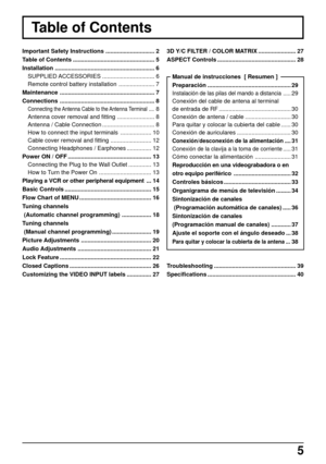 Page 55
Table of Contents
Important Safety Instructions .............................. 2
Table of Contents .................................................. 5
Installation ............................................................. 6
SUPPLIED ACCESSORIES ................................ 6
Remote control battery installation ...................... 7
Maintenance .......................................................... 7
Connections .......................................................... 8
Connecting the...