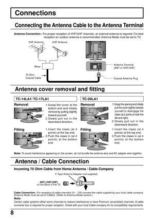 Page 88
Connections
Connecting the Antenna Cable to the Antenna Terminal
ANT
ANT
UHF Antenna
Antenna Terminal
(ANT or VHF/UHF) VHF Antenna
Mixer
75 Ohm
Coaxial Cable
Coaxial Antenna Plug
Antenna Connection - For proper reception of VHF/UHF channels, an external antenna is required. For best
reception an outdoor antenna is recommended. Antenna Mode must be set to TV.
Incoming 75 Ohm Cable from Home Antenna / Cable Company
Note:
Certain cable systems offset some channels to reduce interference or have Premium...