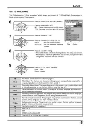 Page 1515
LOCK
Press to select VIEW NR PROGRAMS?.
Press to select NO or YES.
NO : 
Cannot view programs with NR signals.
YES : Can view programs with NR signals.
U.S. TV PROGRAMS
6
8
Press to select SETTING.
Press to select BASIC or DETAILED.
BASIC : You can select the titles.
DETAILED : You can select the titles and
options.7
Press to select the rating.
Press to lock or unlock the rating.
Lock : Red
Unlock : Green•When a title field is selected, all ratings below this rating are selected.
•When options within...