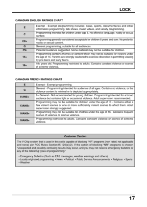 Page 1717
LOCK
The V-Chip system that is used in this set is capable of blocking “NR” programs (non rated, not applicable
and none) per FCC Rules Section15.120(e)(2). If the option of blocking “NR” programs is chosen
“unexpected and possibly confusing results may occur, and you may not receive emergency bulletins or
any of the following types of programming:”
Customer Caution
• Emergency Bulletins (Such as EAS messages, weather warnings and others)
• 
Locally originated programming  • News  • Political  •...