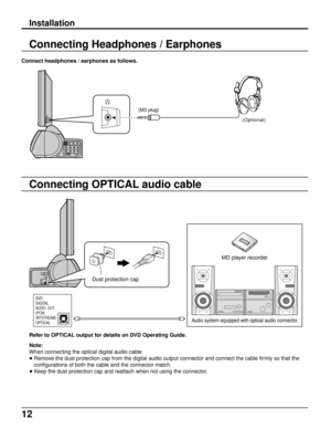 Page 1212
Installation
Connecting Headphones / Earphones
Connect headphones / earphones as follows.
(Optional)
L            R
AUDIO S-VIDEOVIDEO
FRONT L/R SURROUND L/RCENTER/SUBWOOFER5.1chSURROUND
AUDIO  OUT
VIDEO  IN
MONITOR
OUT
(M3 plug)
Connecting OPTICAL audio cable
Note:
When connecting the optical digital audio cable
• Remove the dust protection cap from the digital audio output connector and connect the cable firmly so that the
configurations of both the cable and the connector match.
• Keep the dust...