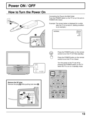 Page 1313
Power ON / OFF
Connecting the Plug to the Wall Outlet
Push the POWER switch on the TV to turn the set on.
POWER-ON: Green
Example: The screen below is displayed for a while
after the TV is turned on. (setting condition
is an example.)
Press the POWER button on the remote
control to turn the TV off: Red (standby)
Press the POWER button on the remote
control to turn the TV on: Green
Turn the power to the TV set off by
pressing the POWER switch on the TV
when the TV is on or in standby mode.
How to Turn...