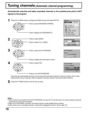 Page 1818
Press to select PROGRAM CHANNEL.
Press to display the PROGRAM CH.
Tuning channels (Automatic channel programming)
Automatically searches and adds receivable channels in the installed area and/or CATV
signals to the program.
1
2
Press to select MODE.
Press to select TV or CABLE.
Notes:
• When buttons are pressed with AUTO PROGRAM running, the TV set will return to normal viewing. (Channel
searched up to this point are added.)
• After AUTO PROGRAM is finished, the lowest channel number added will be...