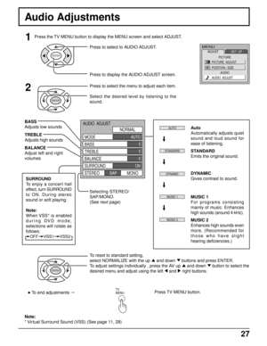 Page 2727
AUDIO  ADJUST
NORMAL
0
0
0 AUTO
ON
MODE
BASS
TREBLE
BALANCE
SURROUND
STEREO          SAP          MONO
Audio Adjustments
Press the TV MENU button to display the MENU screen and select ADJUST.1
2
Press to select to AUDIO ADJUST.
Press to display the AUDIO ADJUST screen.
Auto
Automatically adjusts quiet
sound and loud sound for
ease of listening.
STANDARD
Emits the original sound.
DYNAMIC
Gives contrast to sound.
MUSIC 1
For programs consisting
mainly of music. Enhances
high sounds (around 4 kHz).
MUSIC...