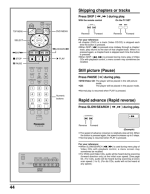 Page 4444
ASPECT
R-STANDBY
G-POWER ON
POWER
TV/VIDEOVOLUMECHANNEL
Press SKIP (
  ,  )
 during play.
With the remote control                      On the TV SET
For your reference:
•A chapter (DVD) or a track (Video CD/CD) is skipped each
time the button is pressed.
•When SKIP (  ) is pressed once midway through a chapter/
track, play returns to the start of that chapter/track. When it is
pressed again, a chapter/track is skipped each time the button
is pressed.
•When SKIP (  , ) is pressed during menu play of...