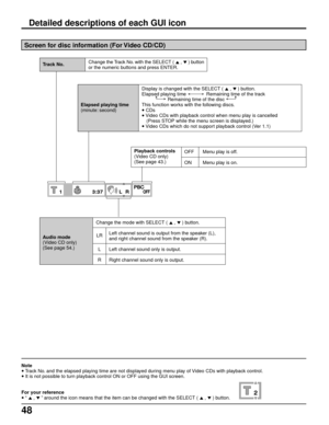 Page 4848
PBCPBCOFFOFF1L  RL  R3:373:37
Screen for disc information (For Video CD/CD)
Detailed descriptions of each GUl icon
Note
• Track No. and the elapsed playing time are not displayed during menu play of Video CDs with playback control.
• It is not possible to turn playback control ON or OFF using the GUI screen.
For your reference
• “  
,  
” around the icon means that the item can be changed with the SELECT (  
,  
) button.
Change the mode with SELECT (  
,  
) button.
Audio mode
(Video CD only)
(See...