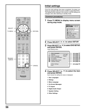 Page 5656
DISPLAY
ANGLE
PAUSE
ASPECT
TV/VIDEO MUTE
SLEEPCHVOL
SURROUND
CANCEL
REPEAT MODE A-B REPEATPLAY MODE
R-TUNE
ENTER
RETURN
PLAY
DVD
MENU
T
O
P
 
M
E
N
U
STOP
SKIP
TV      
MENU
SLOW/SEARCH
OPEN
CLOSE
POWER
SELECT
Once the intial settings have been completed, the player can
always be operated under the same conditions (especially DVDs).
The settings will be retained in the memory, until the settings are
changed, even after switching to standby mode.
Numeric
buttons
CANCEL
Initial settings
1Press TV MENU...