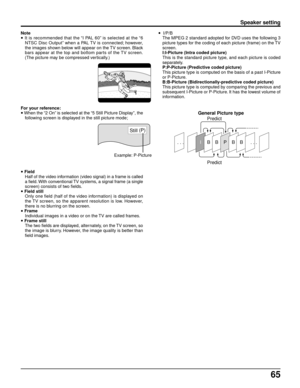 Page 6565
Note
• It is recommended that the “I PAL 60” is selected at the “6
NTSC Disc Output” when a PAL TV is connected; however,
the images shown below will appear on the TV screen. Black
bars appear at the top and bottom parts of the TV screen.
(The picture may be compressed vertically.)•  I/P/B
The MPEG 2 standard adopted for DVD uses the following 3
picture types for the coding of each picture (frame) on the TV
screen.
I:I-Picture (Intra coded picture)
This is the standard picture type, and each picture...