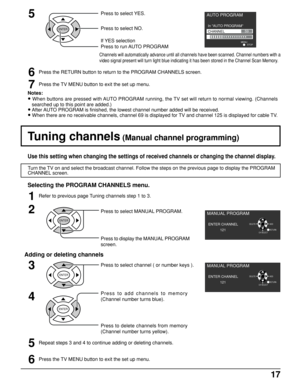 Page 1717
Tuning channels (Manual channel programming)
Use this setting when changing the settings of received channels or changing the channel display.
Turn the TV on and select the broadcast channel. Follow the steps on the previous page to display the PROGRAM
CHANNEL screen.
1
Press to select MANUAL PROGRAM.
Press to display the MANUAL PROGRAM
screen.
Selecting the PROGRAM CHANNELS menu.
Adding or deleting channels
Press to select channel ( or number keys ).3
4
Press to add channels to memory
(Channel number...