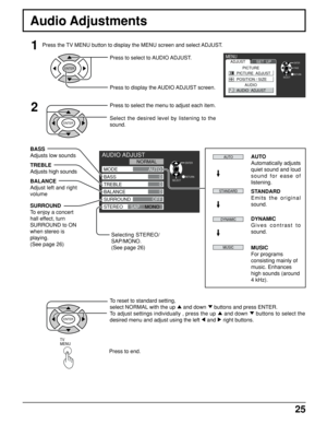 Page 2525
PAGE
AUDIO ADJUST
RETURNENTER
SELECT0
0
0
OFF
NORMAL
MODE
BASS
TREBLE
BALANCE
SURROUND
STEREO
SAPMONOAUTO
Audio Adjustments
Press the TV MENU button to display the MENU screen and select ADJUST.1
2
Press to select to AUDIO ADJUST.
Press to display the AUDIO ADJUST screen.
AUTO
Automatically adjusts
quiet sound and loud
sound for ease of
listening.
STANDARD
Emits the original
sound.
DYNAMIC
Gives contrast to
sound.
MUSIC
For programs
consisting mainly of
music. Enhances
high sounds (around
4 kHz)....