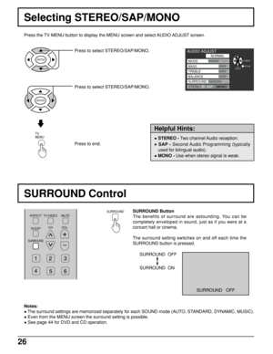 Page 2626
Selecting STEREO/SAP/MONO
Press to select STEREO/SAP/MONO.
ENTER
Press to select STEREO/SAP/MONO.
ENTER
Press to end.
TV      
MENU
Press the TV MENU button to display the MENU screen and select AUDIO ADJUST screen.
Notes:
• The surround settings are memorized separately for each SOUND mode (AUTO, STANDARD, DYNAMIC, MUSIC).
• Even from the MENU screen the surround setting is possible.
• See page 44 for DVD and CD operation.
Helpful Hints:
• STEREO - Two channel Audio reception.
• SAP - Second Audio...