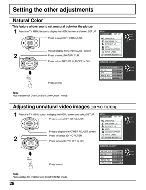 Page 2828
Setting the other adjustments
Note:
Not available for DVD/CD and COMPONENT mode.Press the TV MENU button to display the MENU screen and select SET UP.
1
Press to end.
ENTER
Press to select OTHER ADJUST.
Press to display the OTHER ADJUST screen.
2Press to select NATURL CLR.
Press to turn NATURL CLR OFF or ON.
ENTER
TV      
MENU
RETURNENTER
SELECTPAGE
MENUADJUSTSET  UP
LANGUAGE
PROGRAM  CH
DVD  SET  UP
LOCK
CLOSED CAPTION
INPUT  LABEL
OTHER  ADJUST
1Press the TV MENU button to display the MENU screen...