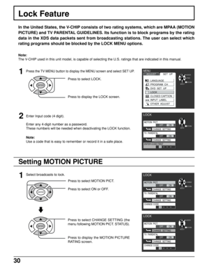 Page 3030
Lock Feature
In the United States, the V-CHIP consists of two rating systems, which are MPAA (MOTION
PICTURE) and TV PARENTAL GUIDELINES. Its function is to block programs by the rating
data in the XDS data packets sent from broadcasting stations. The user can select which
rating programs should be blocked by the LOCK MENU options.
Note:
The V-CHIP used in this unit model, is capable of selecting the U.S. ratings that are indicated in this manual.
Press the TV MENU button to display the MENU screen...