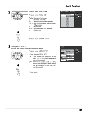 Page 3131
RETURN
Press to return to LOCK screen.
ENTER
Press to select rating to lock.
2
Press to select YES or NO.
Rating (turns red when on)
G : General audience
PG : Parental guidance suggested
PG-13 : Parental guidance needed under
13 years old
R : Restricted
NC17 : No one under 17 is admitted
X : Adults  only
TV      
MENU
Press to set.
ENTER
Press to select MOTION PICT. .
3Setting MOTION PICT. .
Locking and unlocking the ratings selected above.
Press to select ON or OFF.
ON : The broadcasts selected in...