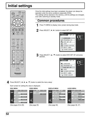 Page 5252
DISPLAY
ANGLE
PAUSE
ASPECT
TV/VIDEO MUTE
SLEEPCHVOL
SURROUND
CANCEL
REPEAT MODE A-B REPEATPLAY MODE
R-TUNE
ENTER
RETURN
PLAY
DVD
MENU
TOP MENU
STOP
SKIP
TV      
MENU
SLOW/SEARCH
OPEN
CLOSE
POWER
Once the intial settings have been completed, the player can always be
operated under the same conditions (especially DVDs).
The settings will be retained in the memory, until the settings are changed,
even after switching to standby mode.
Initial settings
1
Press TV MENU to display menu screen during stop...